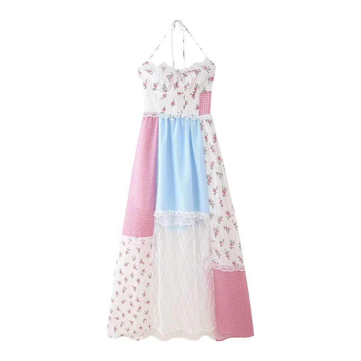 Rosa Clothing - Floral sheer mesh lace patchwork halter maxi flare dress