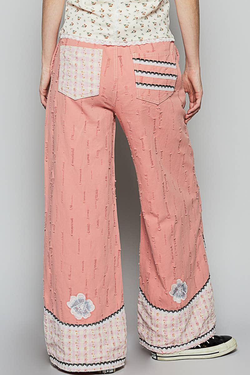 Pol Clothing - Floral patches embroidery elastic band casual pant