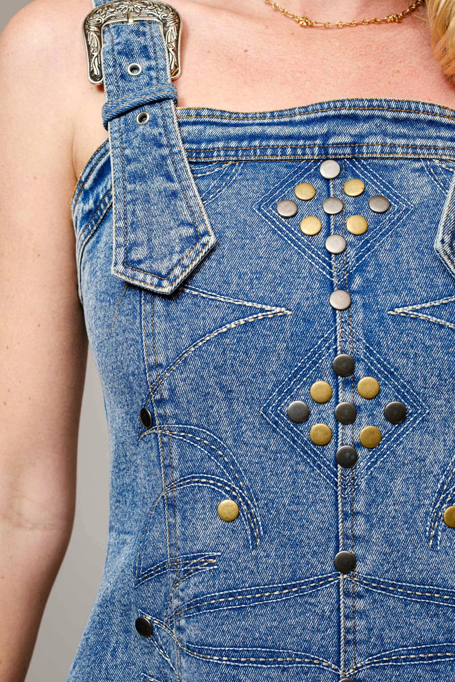 Blue B - 23466D - Studded Western Buckle Stretch Denim Dress