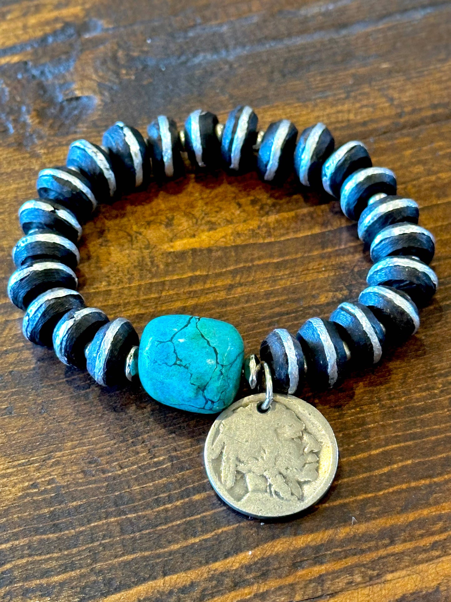 African Ebony Wood and Turquoise Stretch Bracelets
