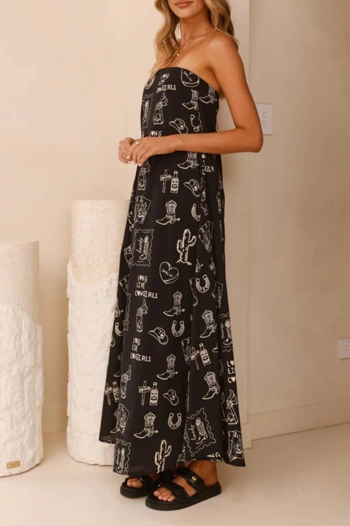 Rosa Clothing - Western cowgirl Desert Theme print strapless dress