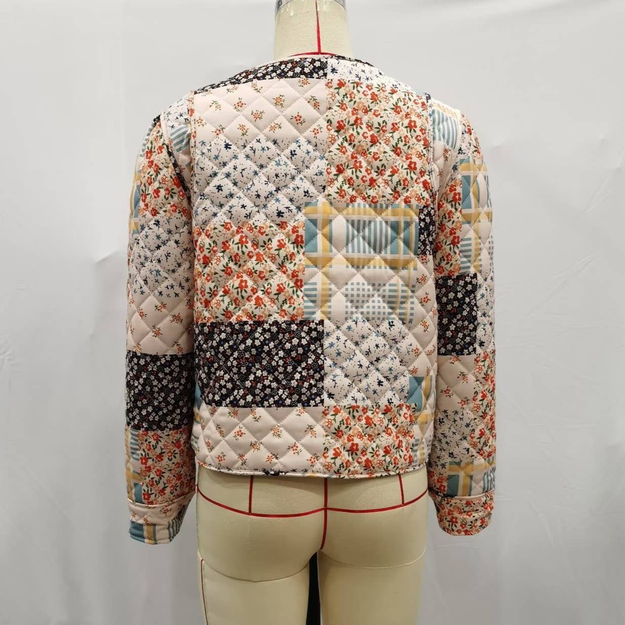 Rosa Clothing - Floral Color Blocks Print Quilted Jacket