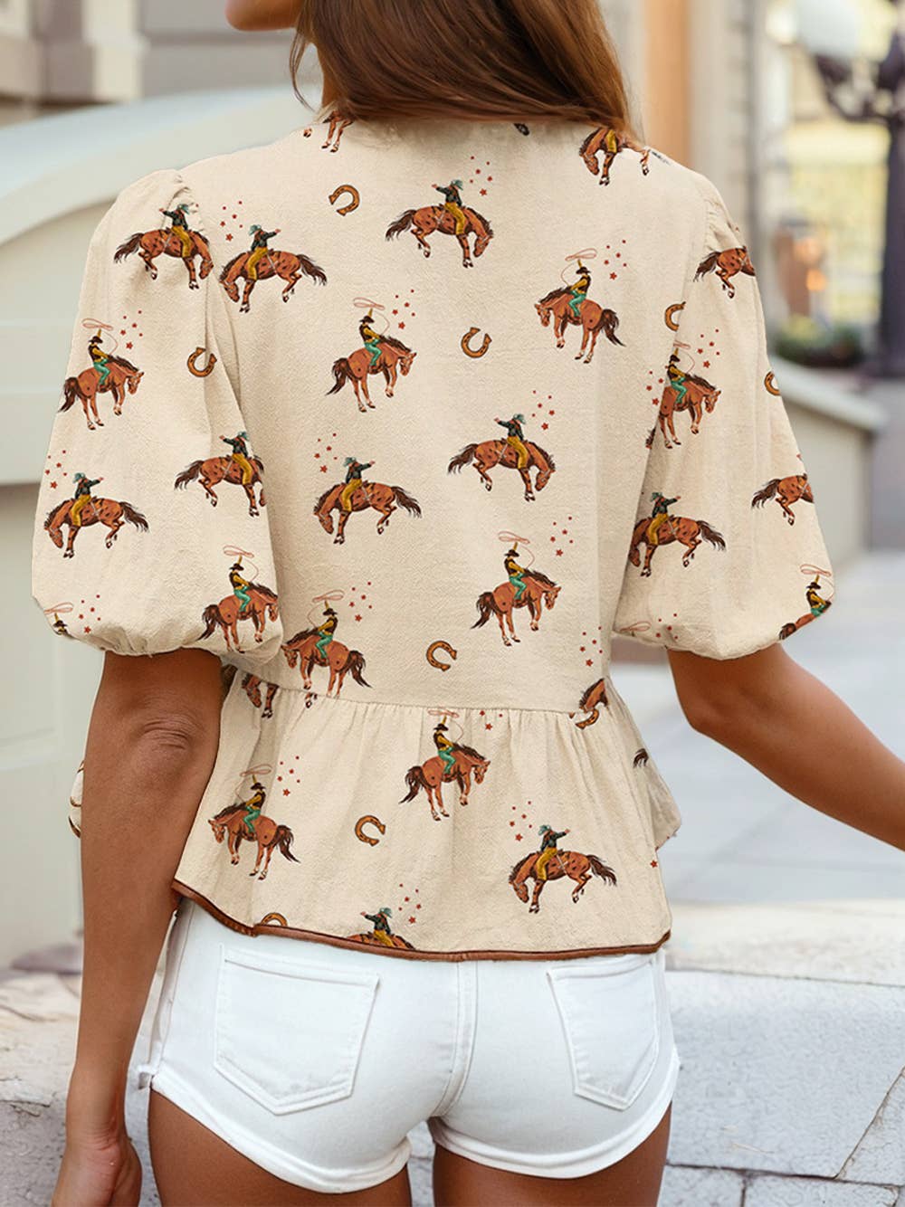 1 the Woman - Cowboy Print Puff Sleeve Bowknot Babydoll Blouse