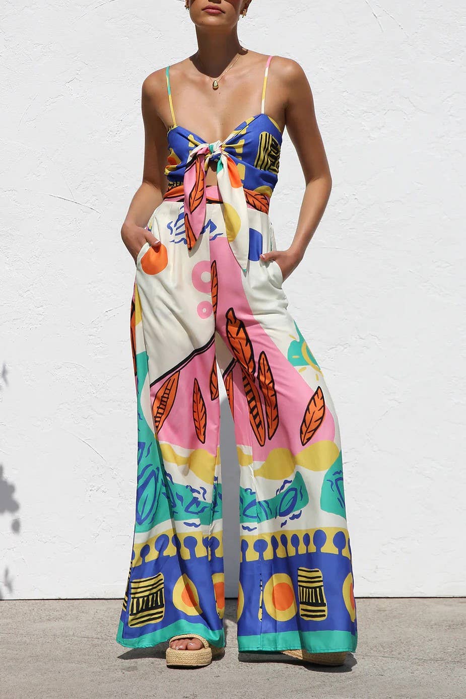 Rosa Clothing - Unique cartoon graffiti print keyhole knot cami Jumpsuit