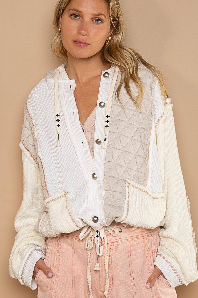 Pol Clothing - Cut sew multi fabric hooded button down combo shacket SALE