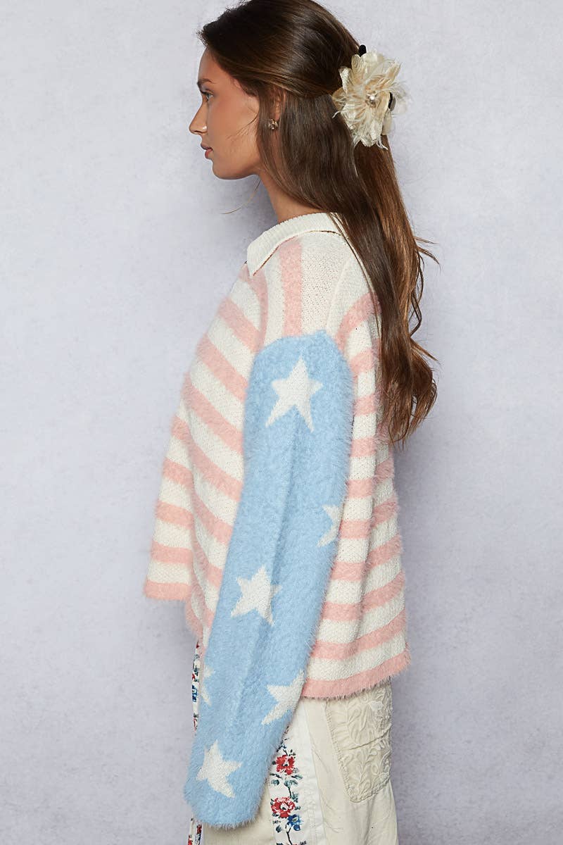 Pol Clothing - Collar neck long sleeve American flag mohair sweater jacket