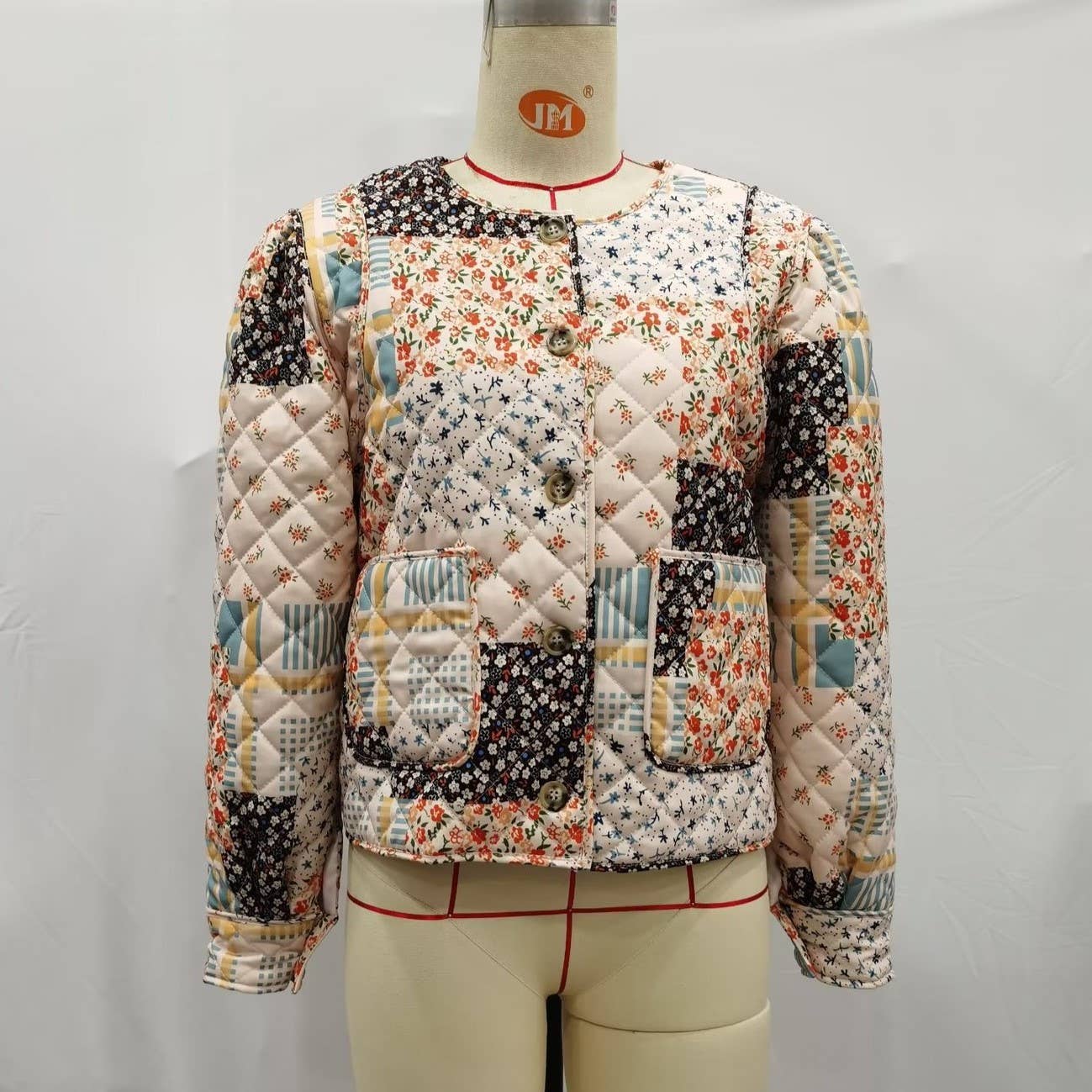 Rosa Clothing - Floral Color Blocks Print Quilted Jacket