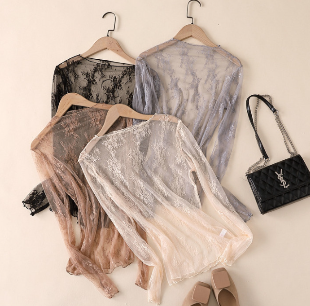 Rosa Clothing - Semi Sheer Mesh Floral Lace Layering See Through Top