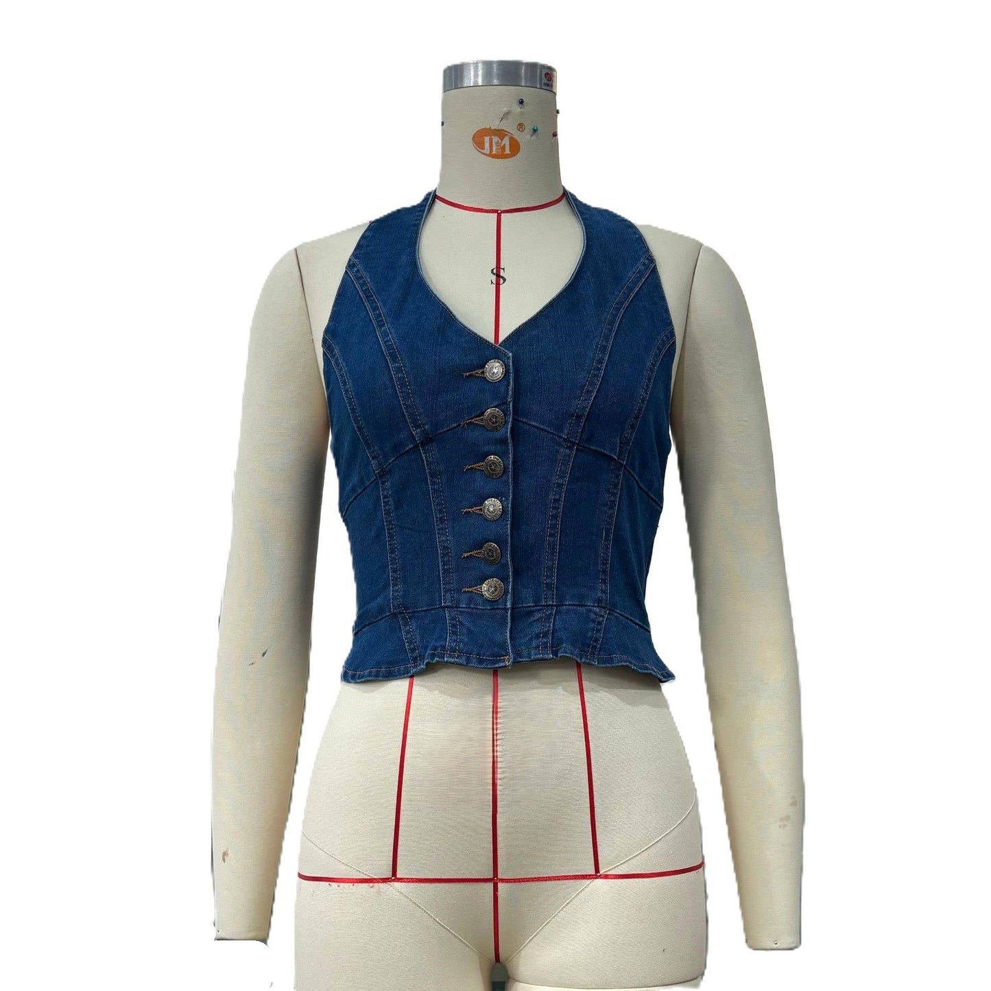 Rosa Clothing - Hottie Tie String Button Halterneck Denim Vest