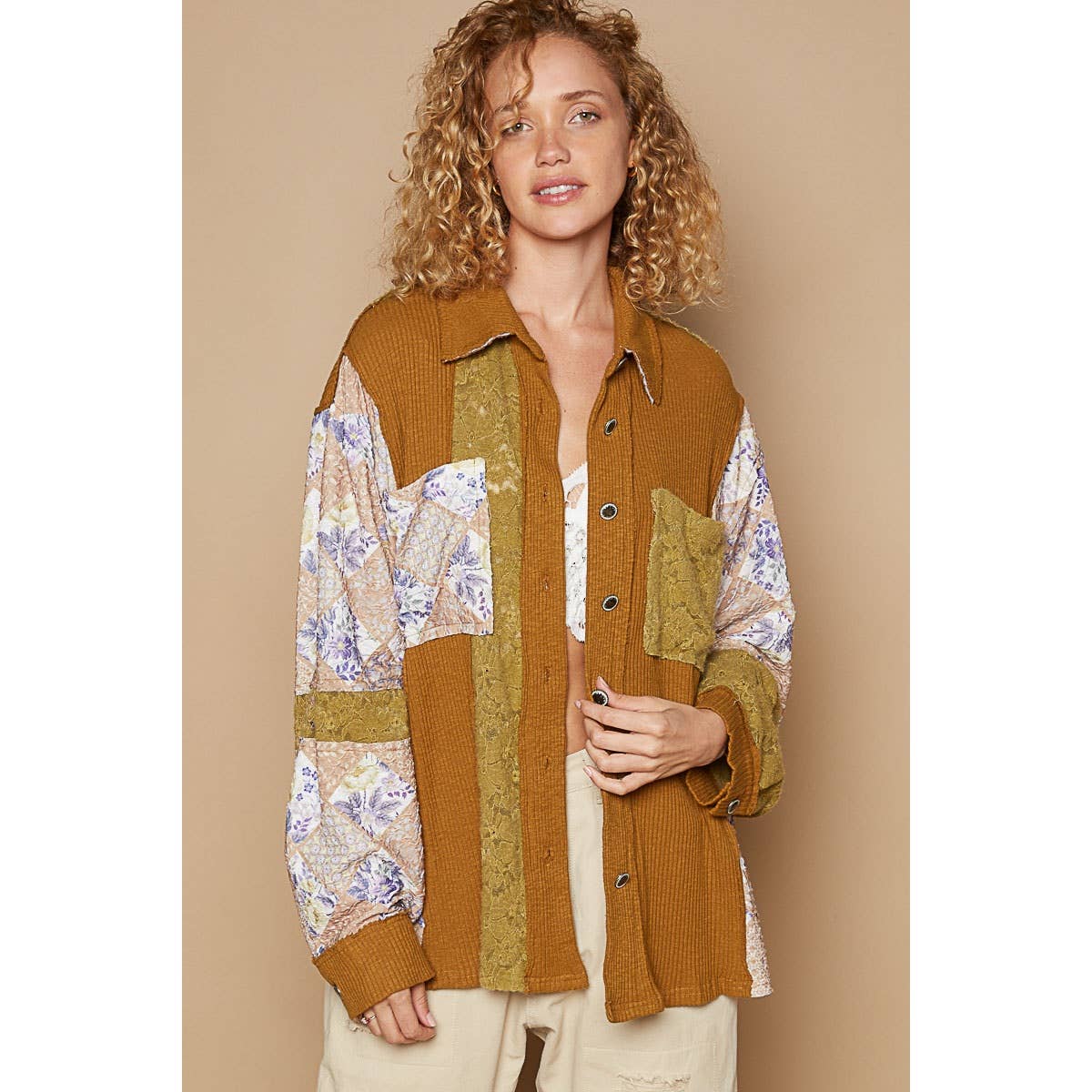 Pol Clothing - Oversized floral contrast front pockets shirt