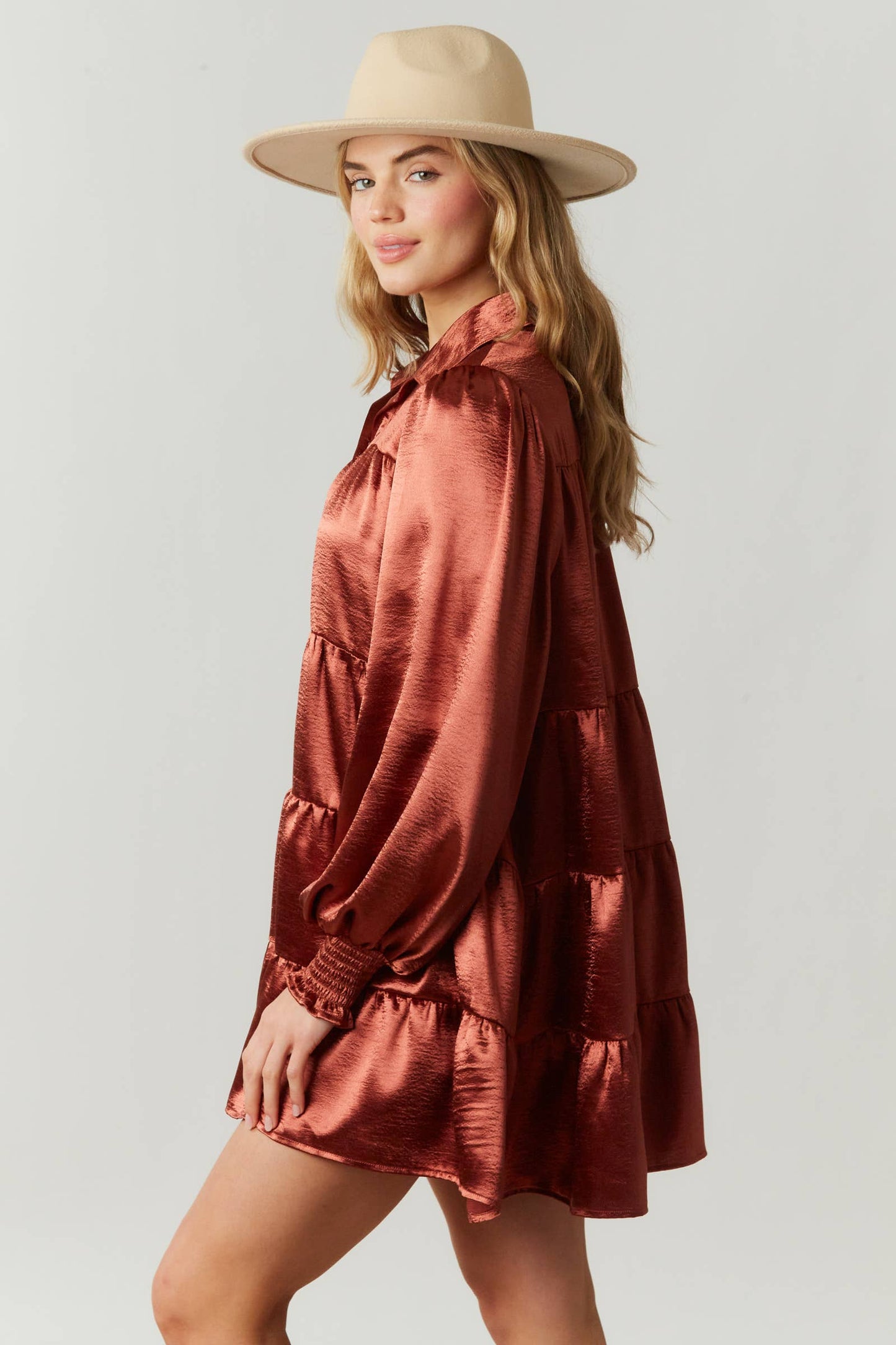 Satin Shirt Dress with Tiered Bottom