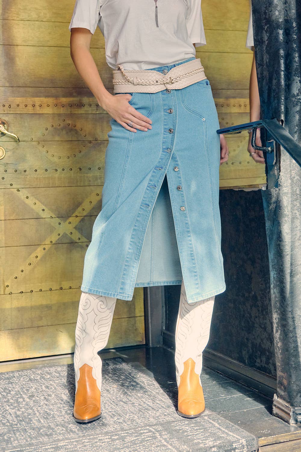 80187S- Mid Rise Fitted Button Up Midi Denim Pencil Skirt