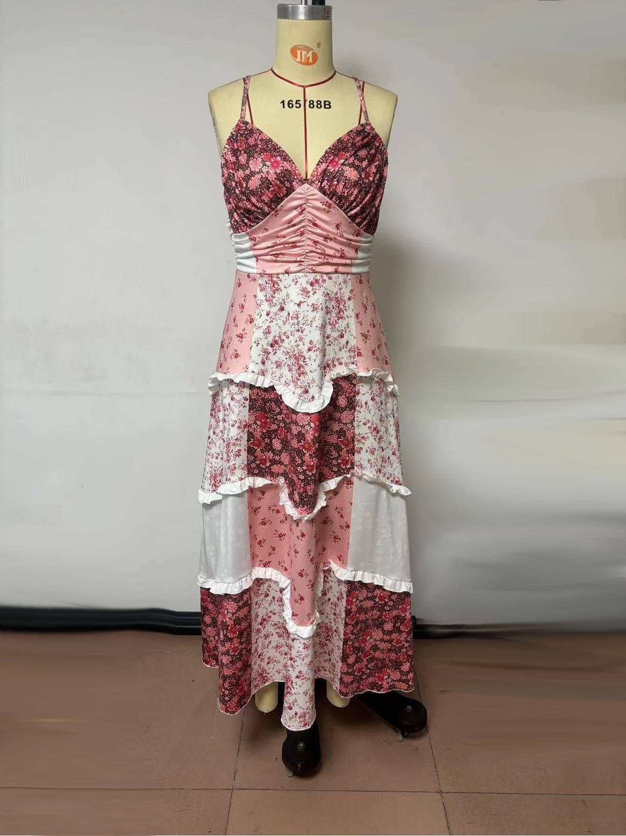 Rosa Clothing - Parfait Pink Patchwork Tiered Floral Maxi Dress