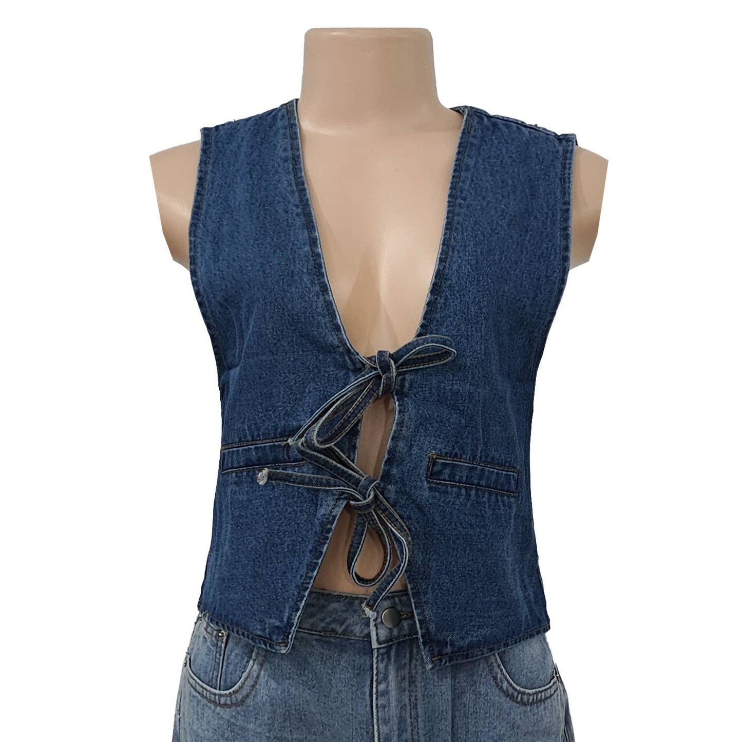 Rosa Clothing - Front bow tie v-neck Denim vest