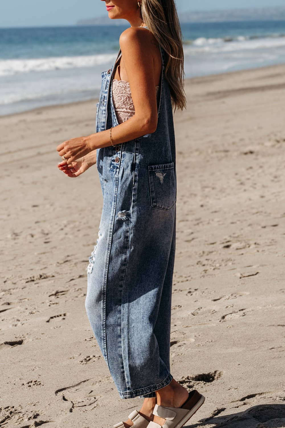 1 the Woman - Distressed Pocketed Wide Leg Capri Denim Overall | 2 Colors