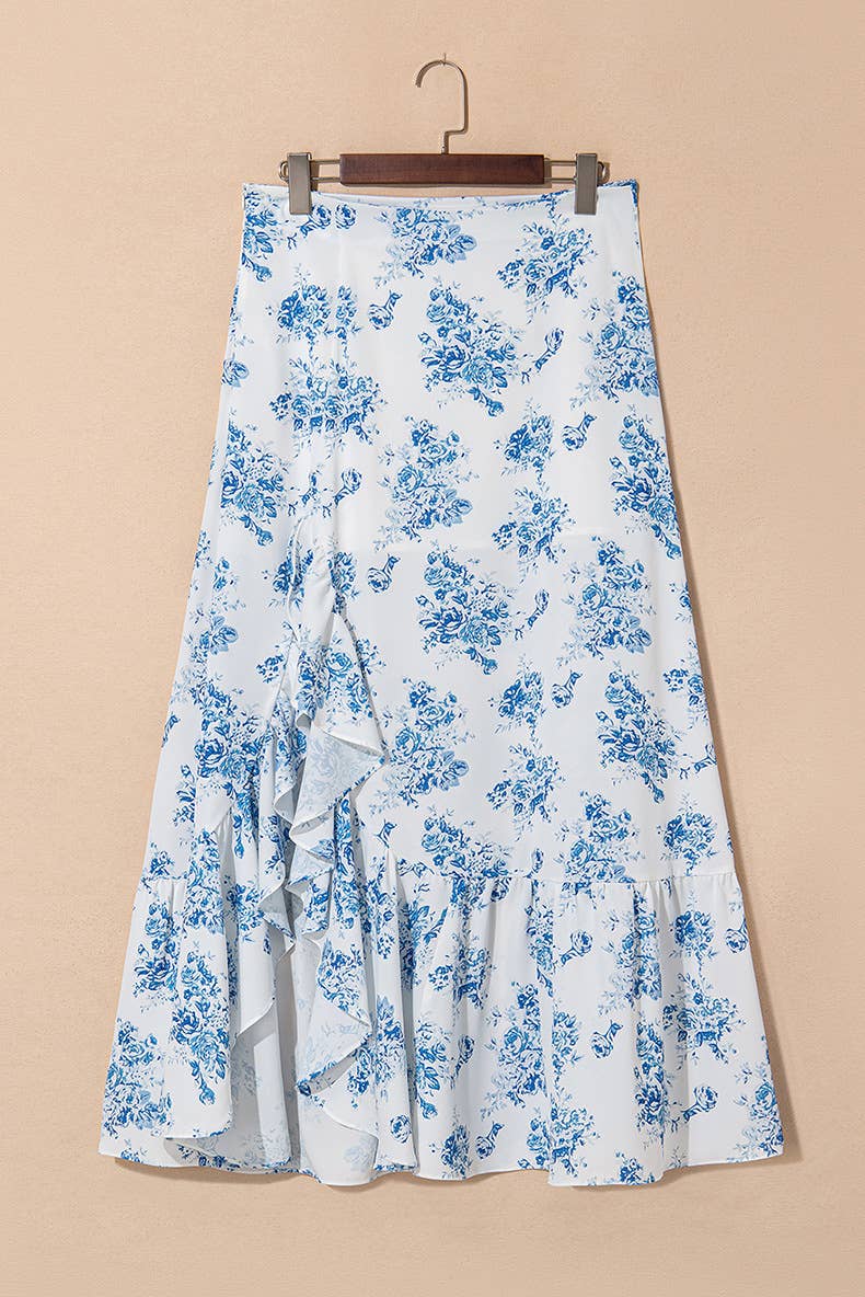 Rosa Clothing - Western Cowgirl Blue Floral ruffle high silt maxi skirt
