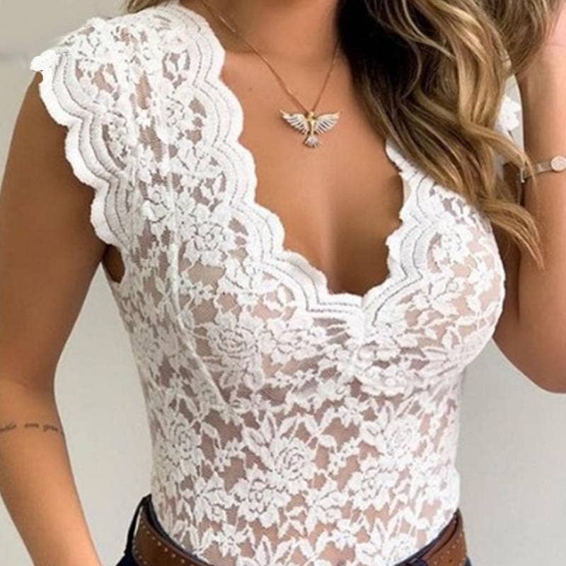 Rosa Clothing - Floral sheer lace fitted tank sleeveless v-neck top