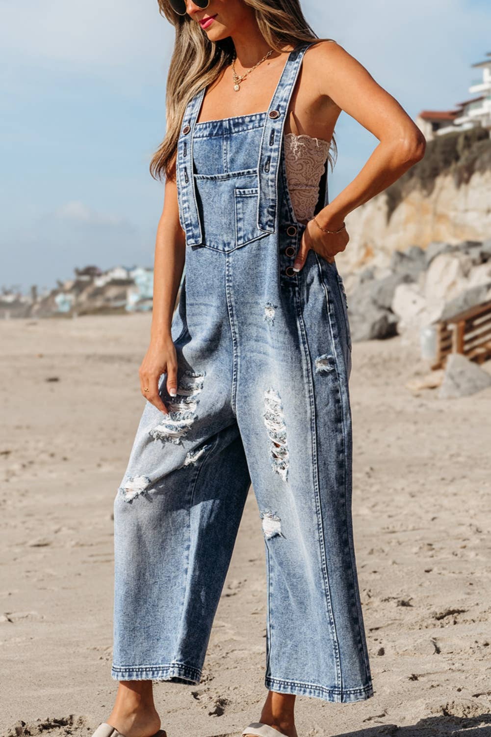 1 the Woman - Distressed Pocketed Wide Leg Capri Denim Overall | 2 Colors