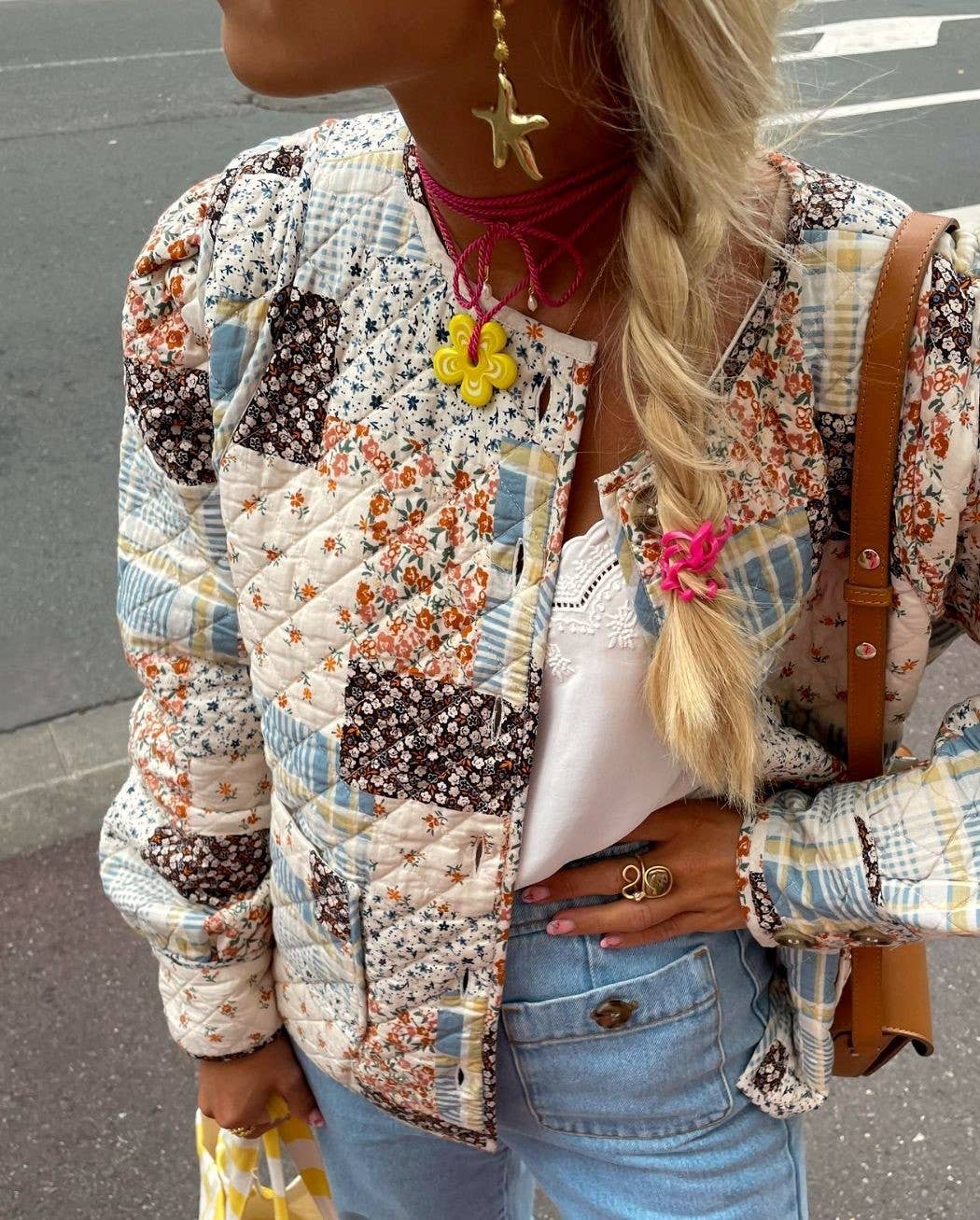 Rosa Clothing - Floral Color Blocks Print Quilted Jacket