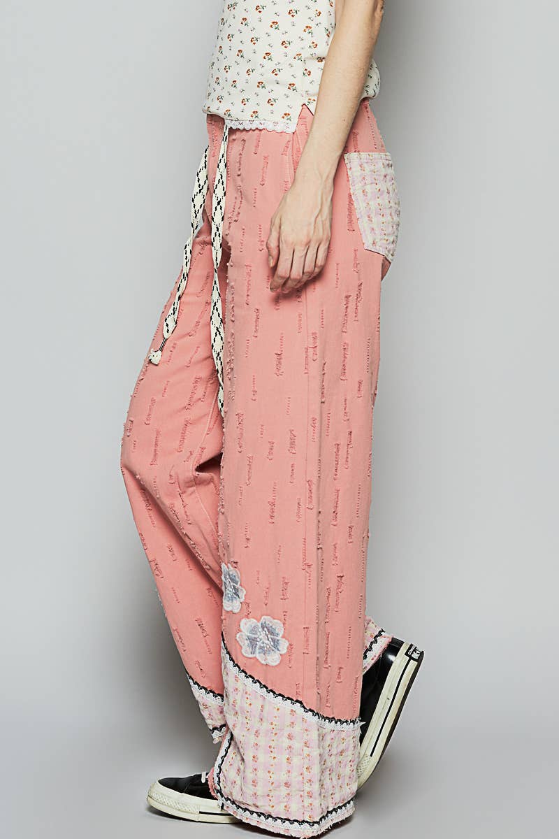 Pol Clothing - Floral patches embroidery elastic band casual pant