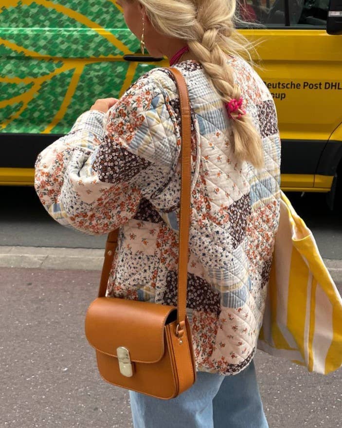 Rosa Clothing - Floral Color Blocks Print Quilted Jacket