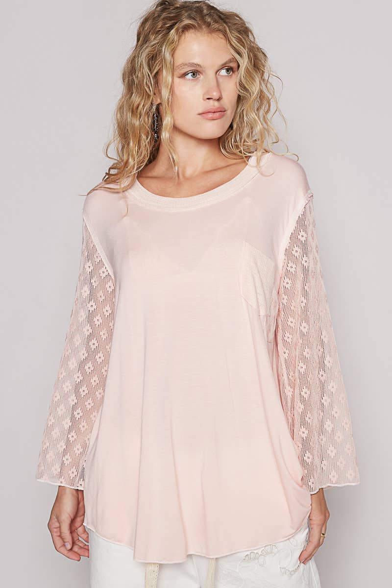 Pol Clothing - Scoop neck lace long sleeve front pocket solid top