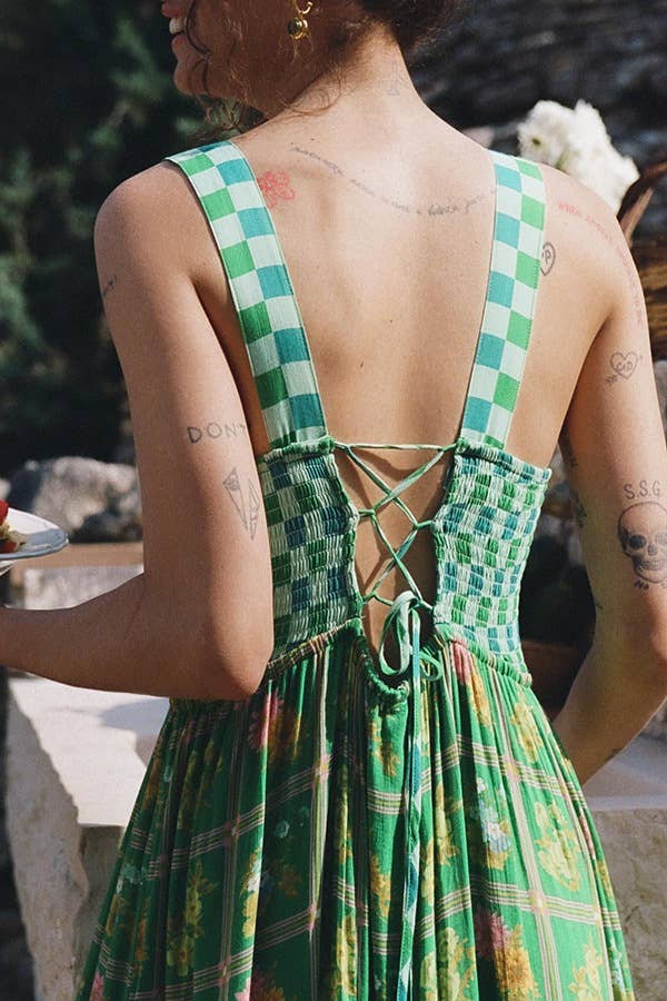 Rosa Clothing - Green checkered Unique Floral Boho ric rac tiered dress