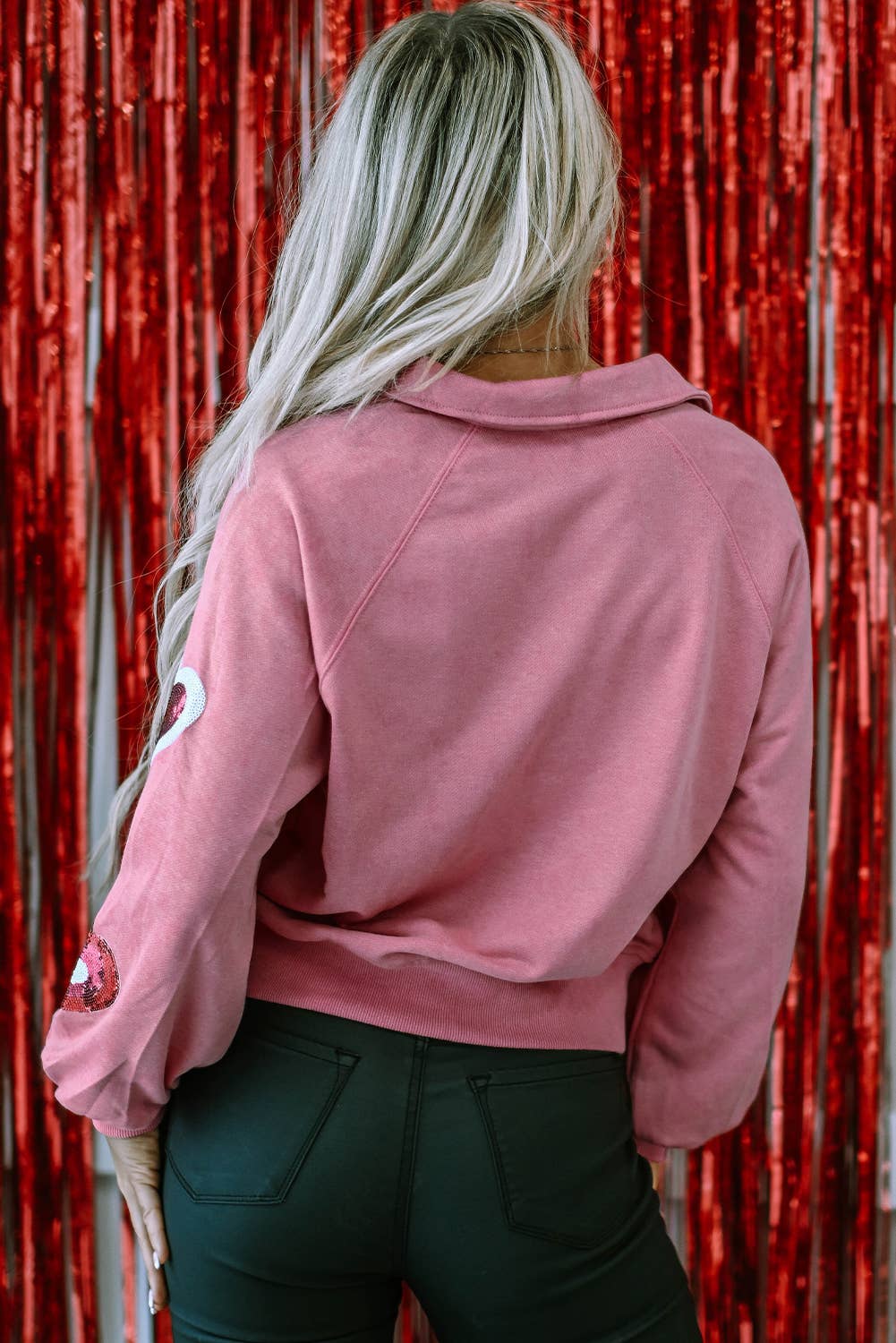 LiveFashionWay - Mineral Wash Sequin Heart Snap Buttons Collared Sweatshirt (