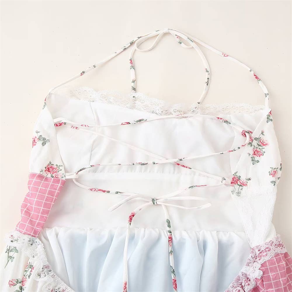 Rosa Clothing - Floral sheer mesh lace patchwork halter maxi flare dress
