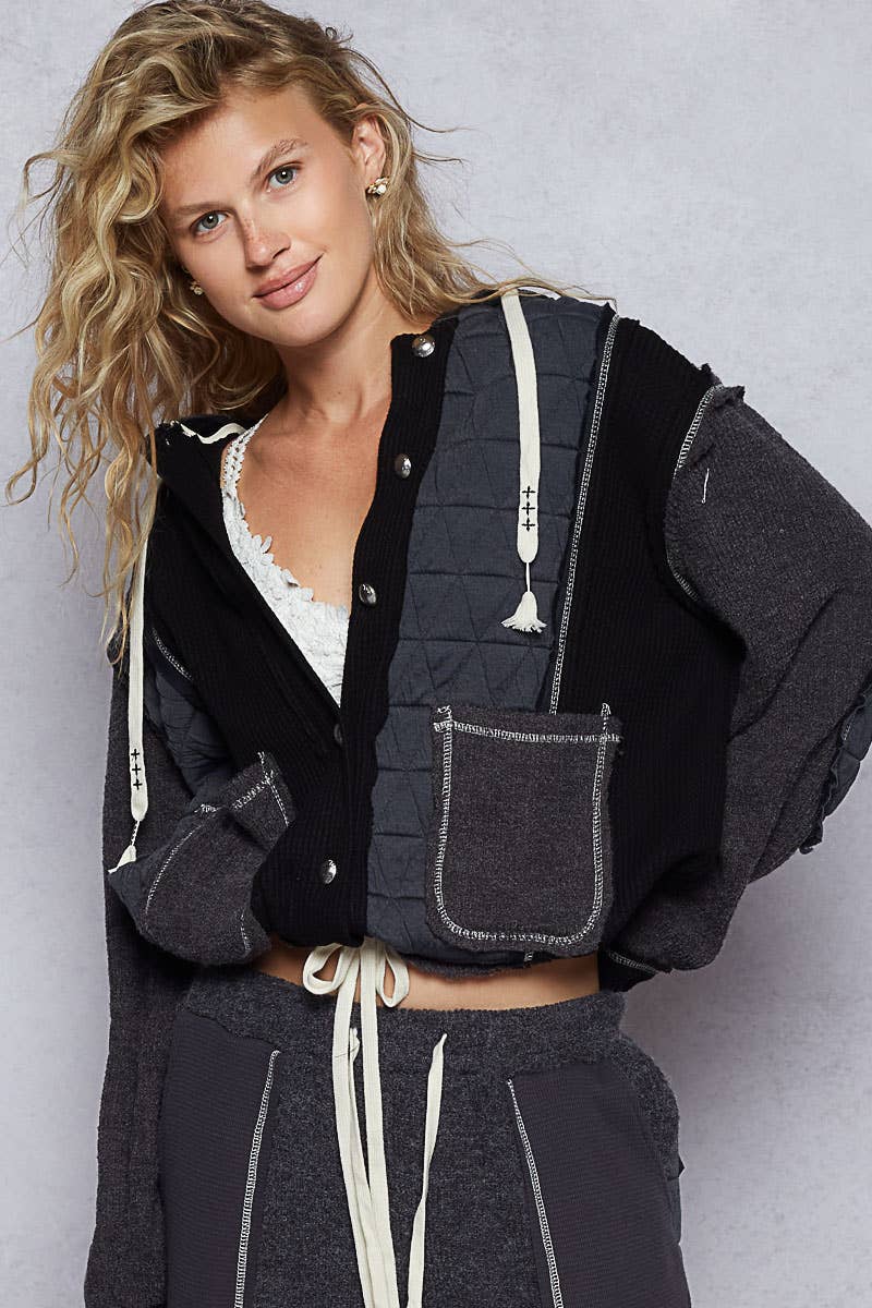 Pol Clothing - Cut sew multi fabric hooded button down combo shacket SALE