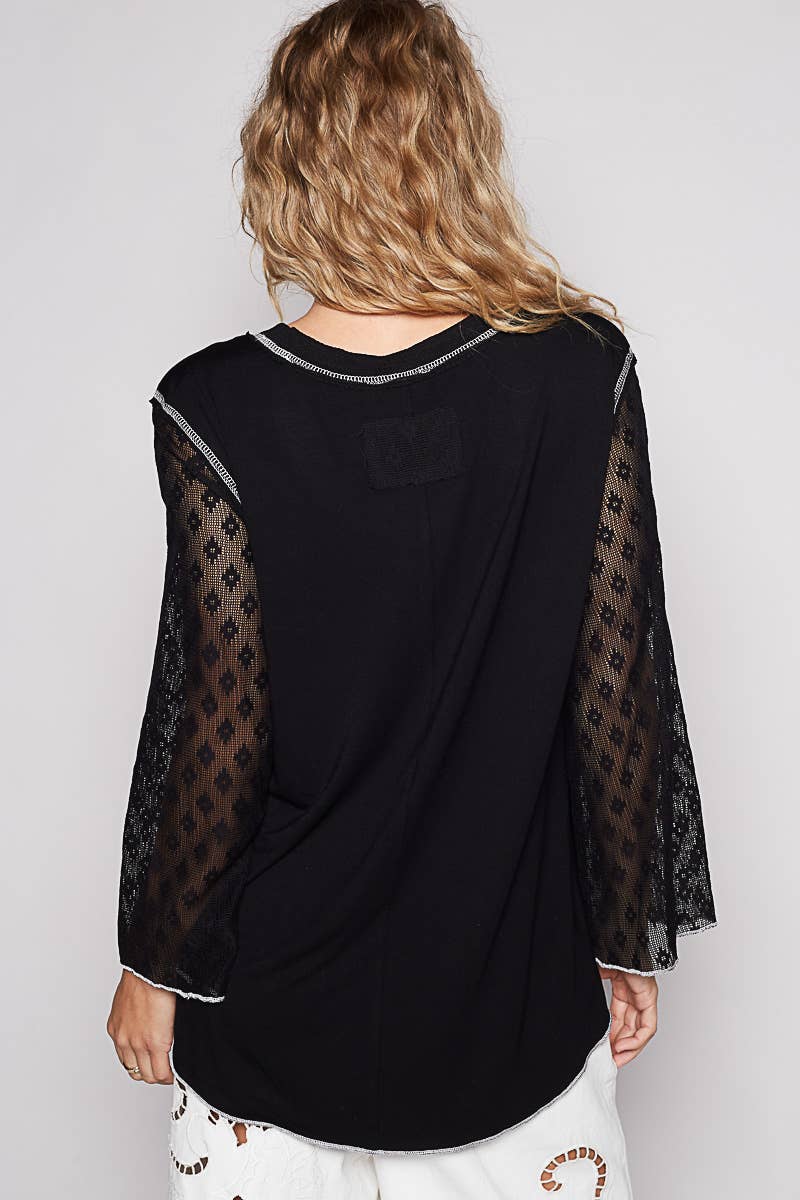 Pol Clothing - Scoop neck lace long sleeve front pocket solid top