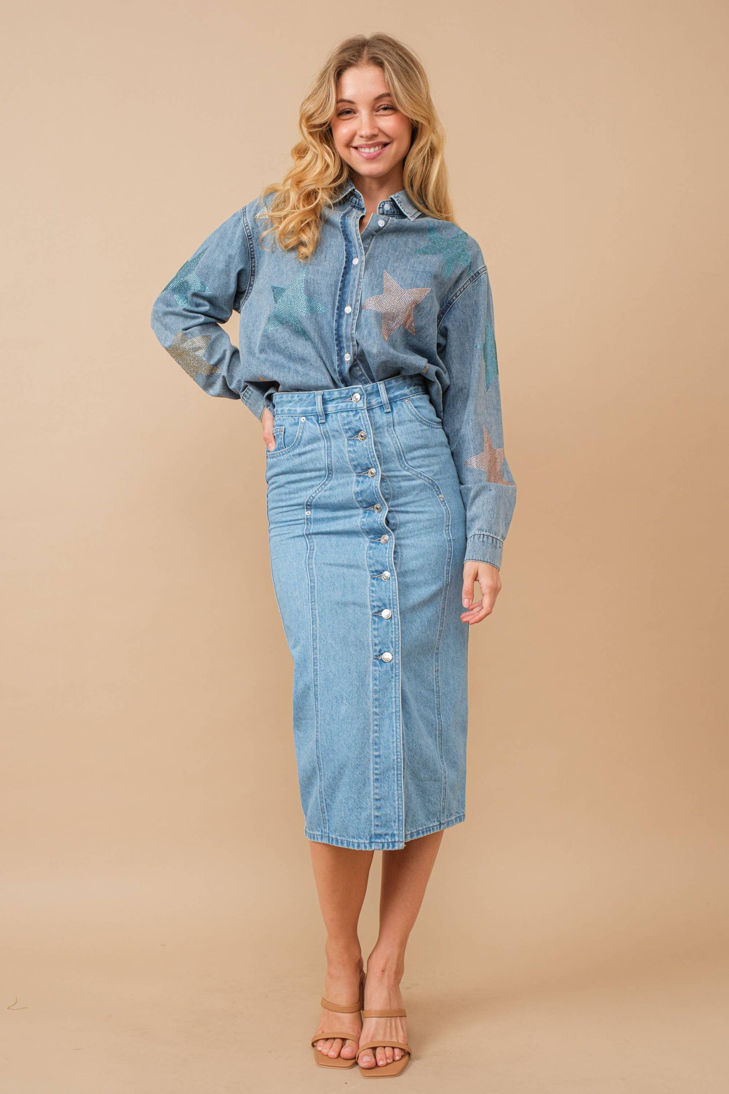 80187S- Mid Rise Fitted Button Up Midi Denim Pencil Skirt