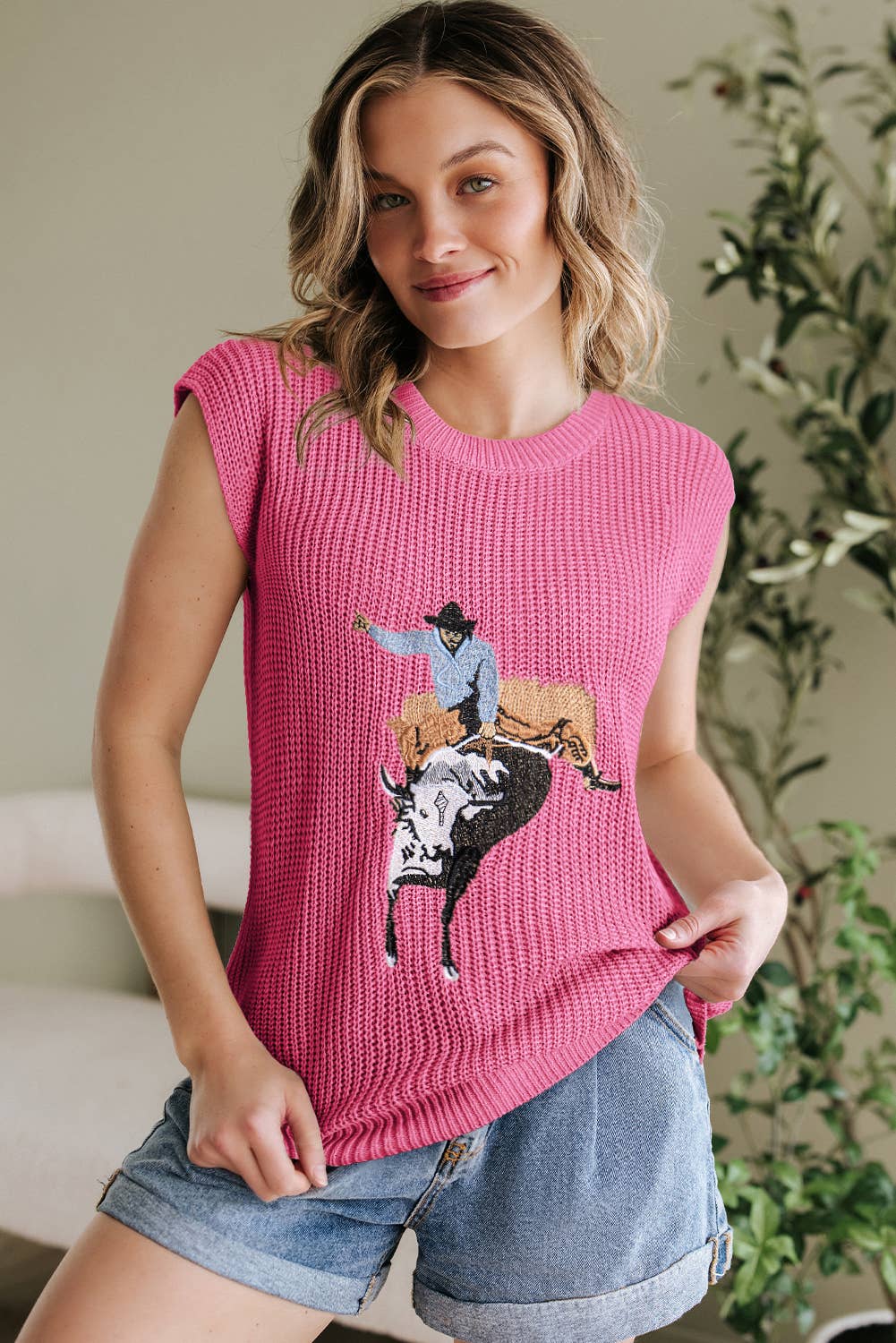 1 the Woman - Western Cowboy Embroidery Round Neck Sleeveless Sweater