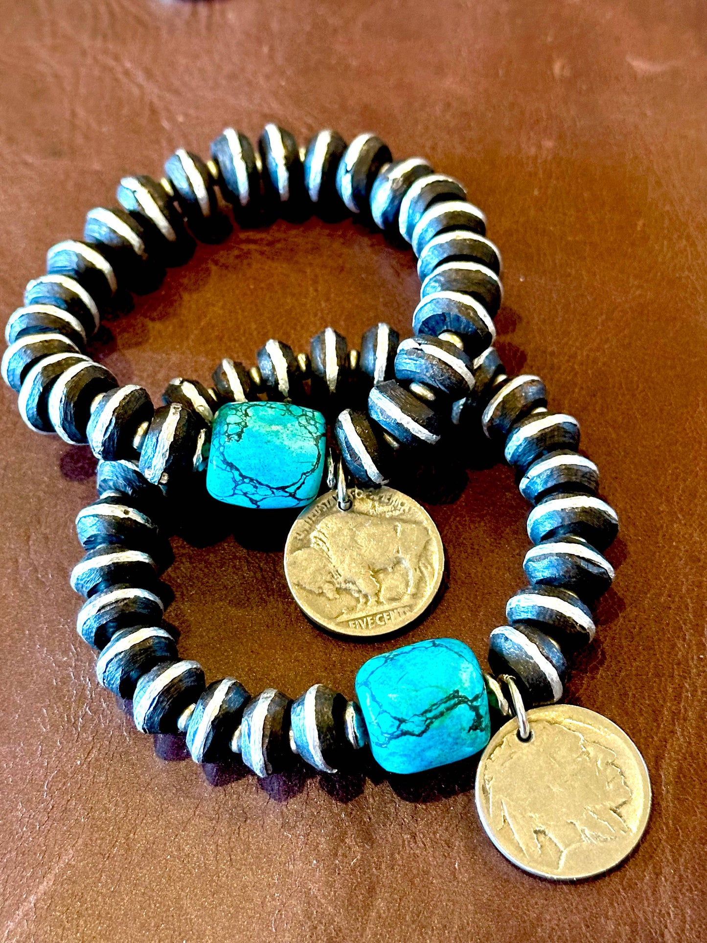 African Ebony Wood and Turquoise Stretch Bracelets