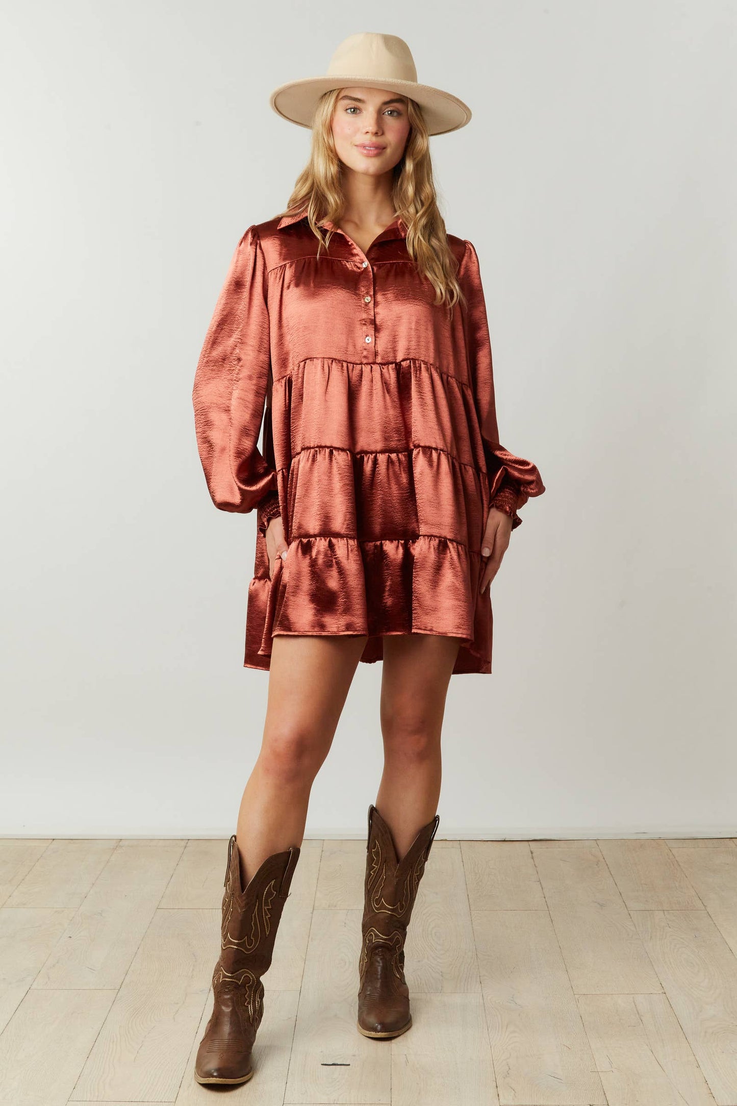 Satin Shirt Dress with Tiered Bottom
