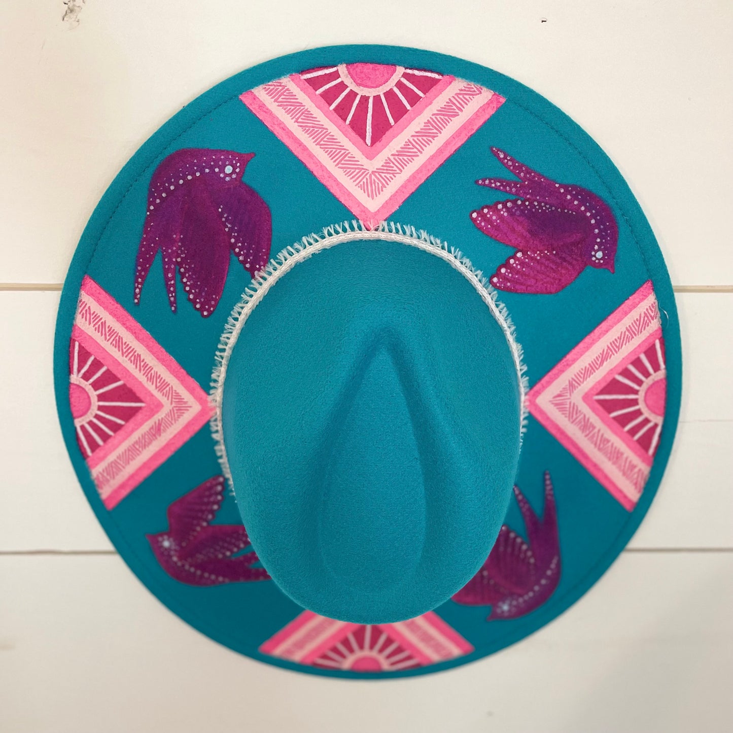 Turquoise Native Bird Flat Rimmed Felt Hat