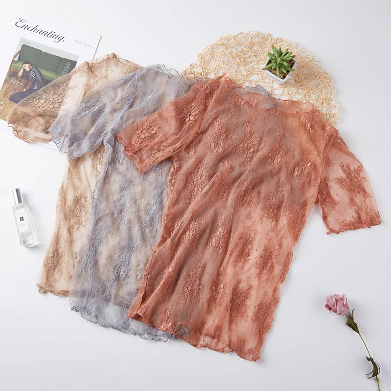 Rosa Clothing - Floral lace mesh see through short sleeve top - 6 colors