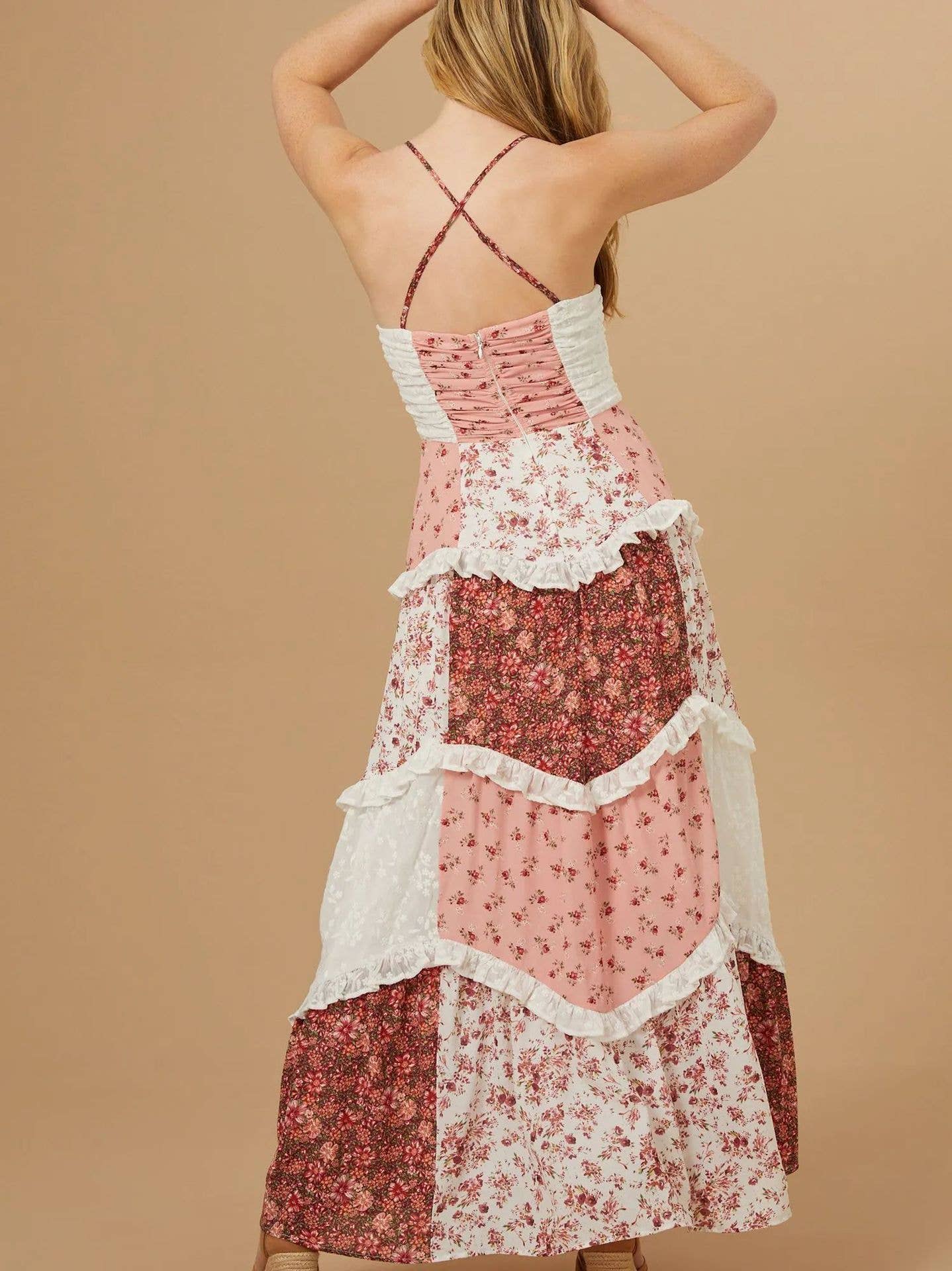 Rosa Clothing - Parfait Pink Patchwork Tiered Floral Maxi Dress