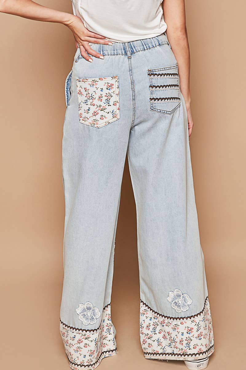Pol Clothing - Floral patches embroidery elastic band casual pant