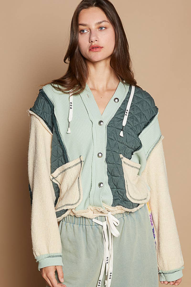 Pol Clothing - Cut sew multi fabric hooded button down combo shacket SALE