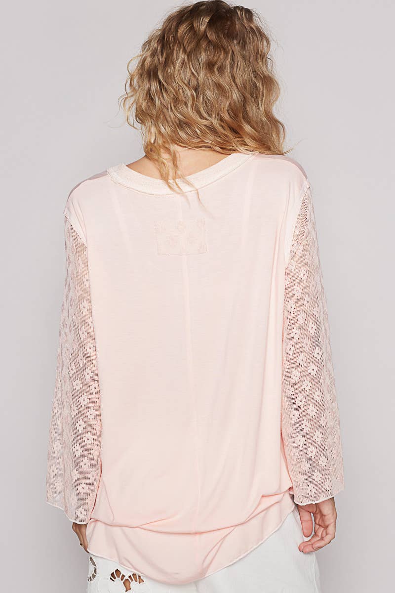 Pol Clothing - Scoop neck lace long sleeve front pocket solid top