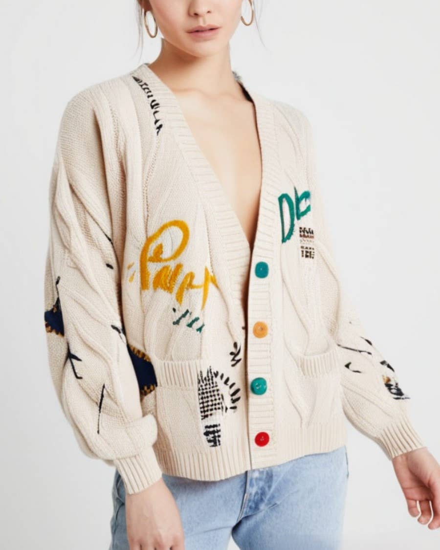 Rosa Clothing - Slouchy Embroidered Cardigan With 6 Colors