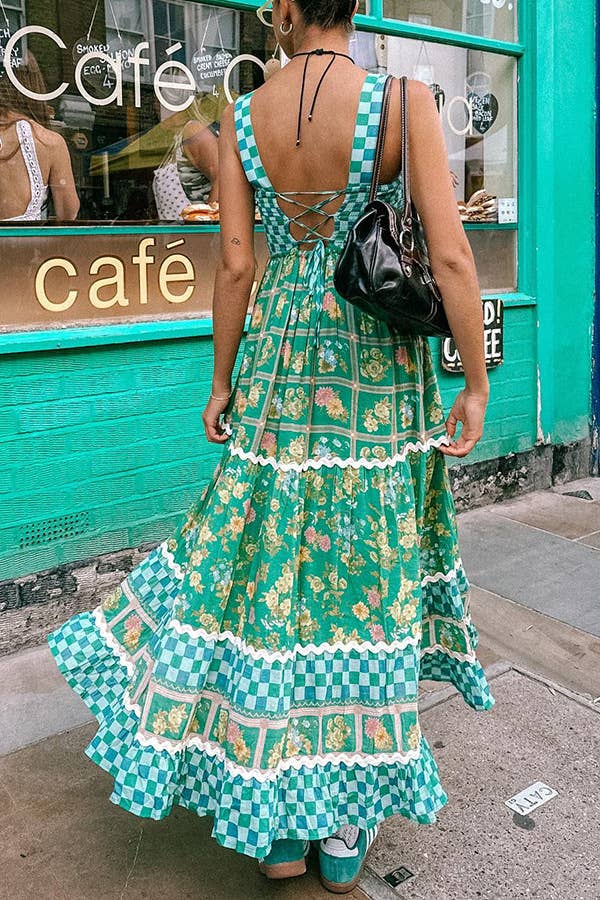Rosa Clothing - Green checkered Unique Floral Boho ric rac tiered dress