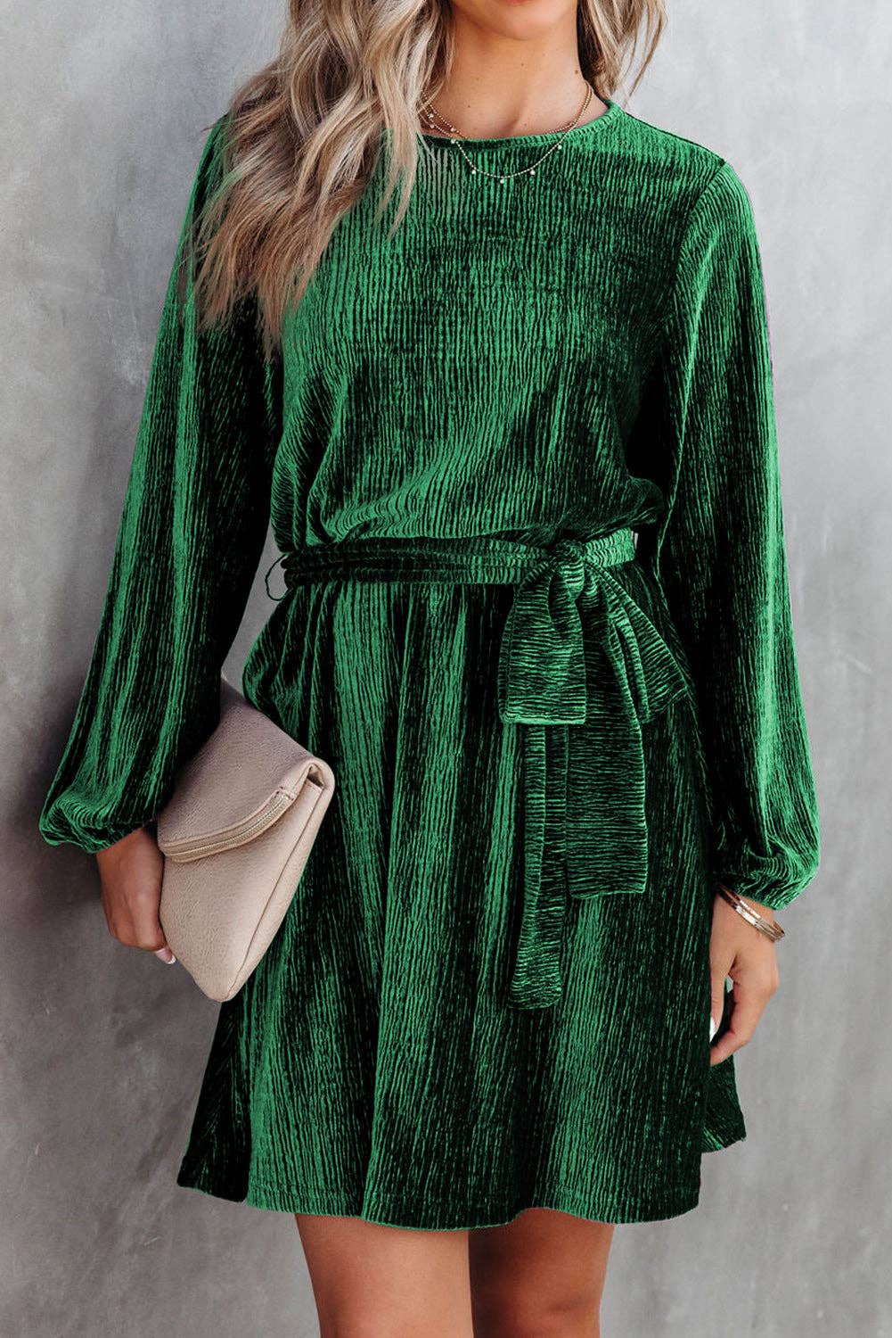 Tie Waist Crinkle Velvet Dress
