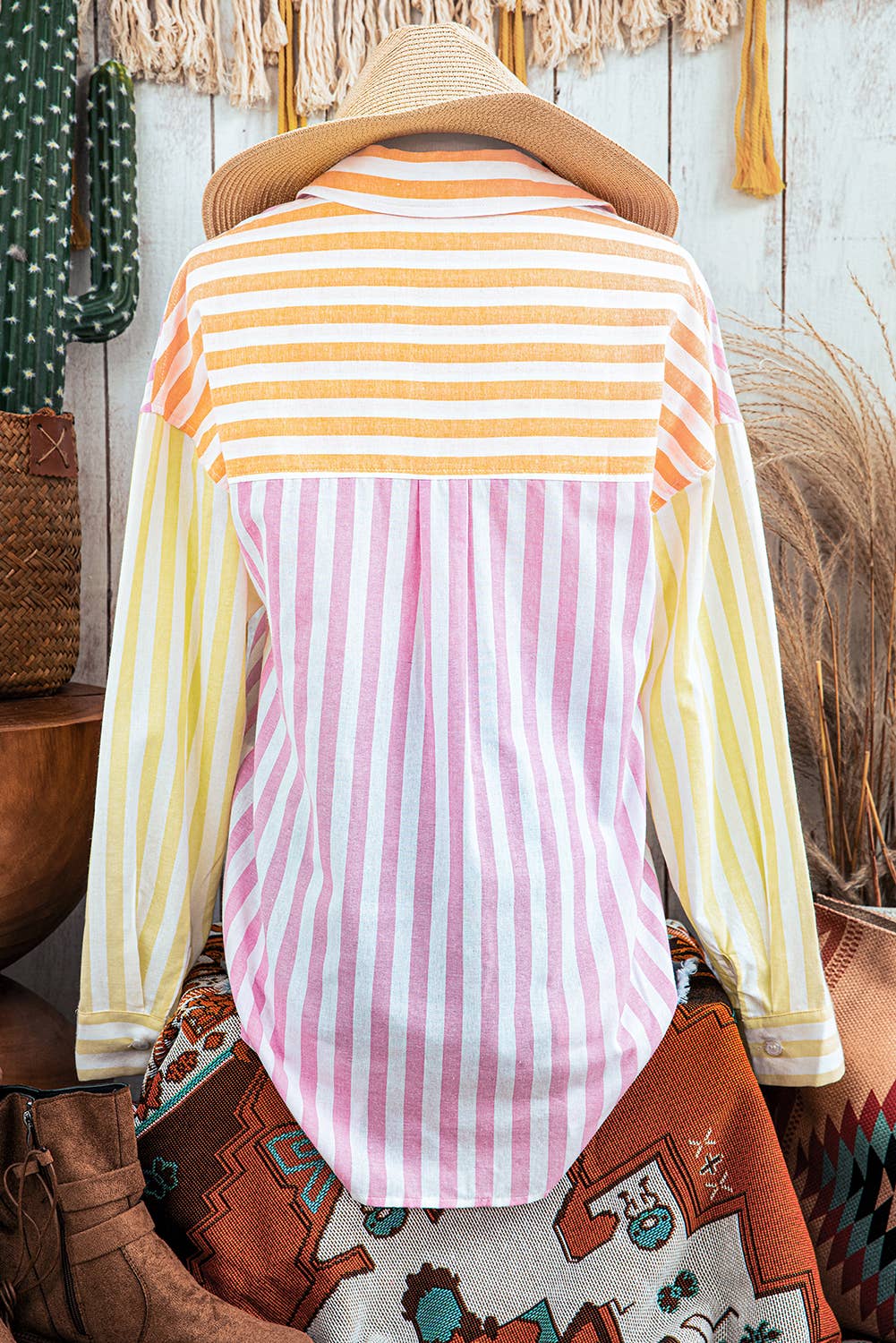 fashionworks - Fashion-W Stripe Collar Patchwork Long Sleeve Shirt