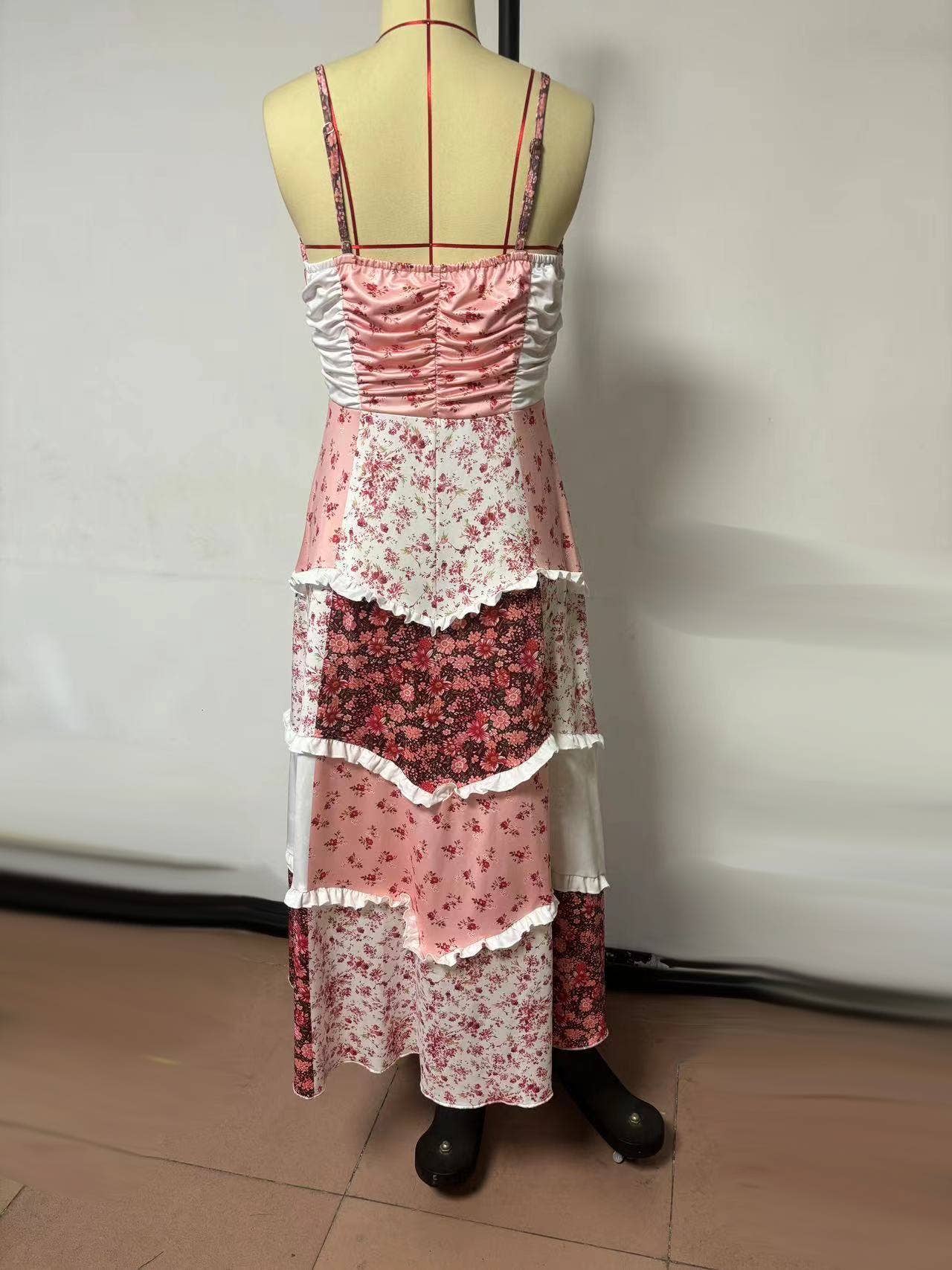 Rosa Clothing - Parfait Pink Patchwork Tiered Floral Maxi Dress