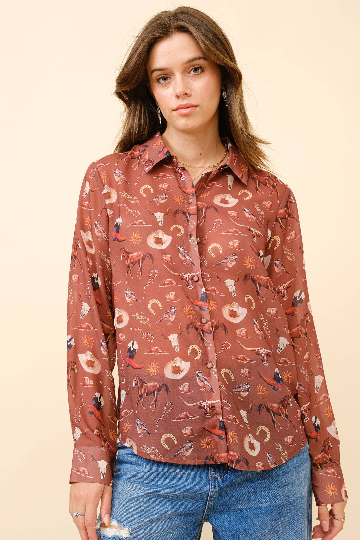 Blue B - 36204T - Western Print Chiffon Button Up Blouse