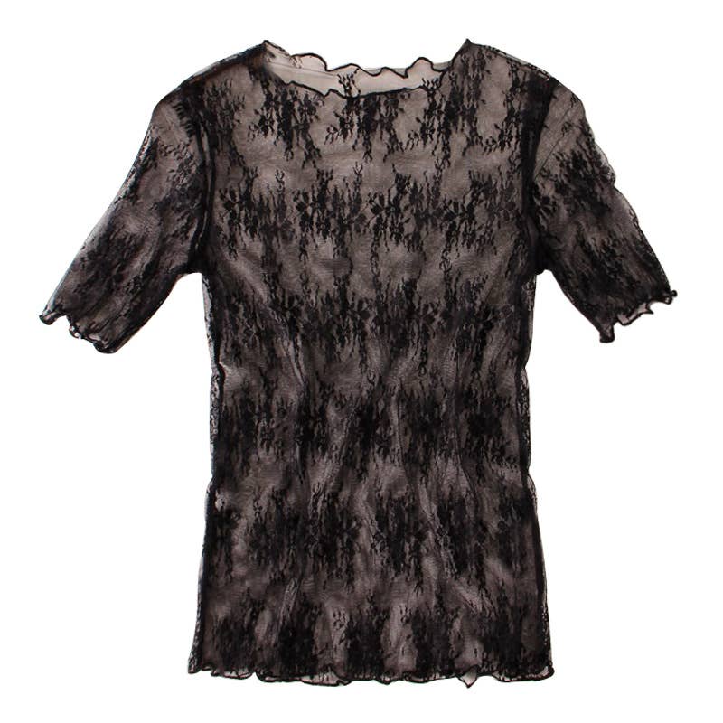 Rosa Clothing - Floral lace mesh see through short sleeve top - 6 colors