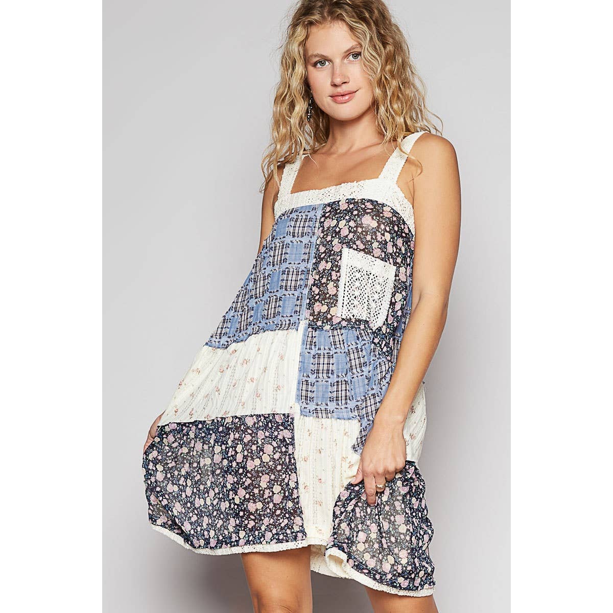 Pol Clothing - Vintage washed plaid patch casual midi dress