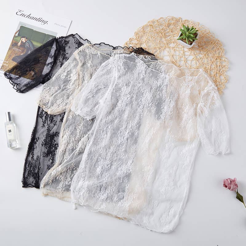 Rosa Clothing - Floral lace mesh see through short sleeve top - 6 colors